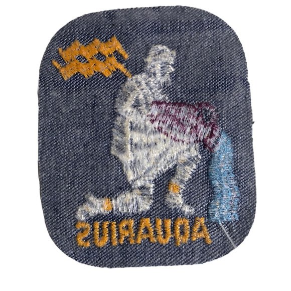Vintage Rumper Stitcher Aquarius Embroider Sew Iron Patch Astrology Denim Yellow - Picture 2 of 4